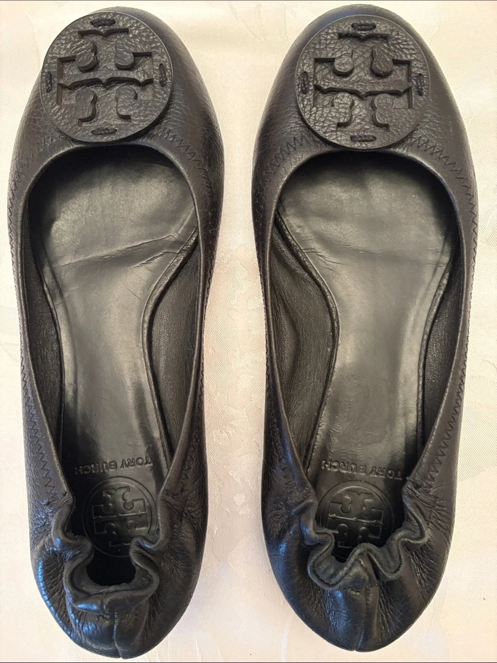 Tory Burch Black Leather Logo Ballet Flats